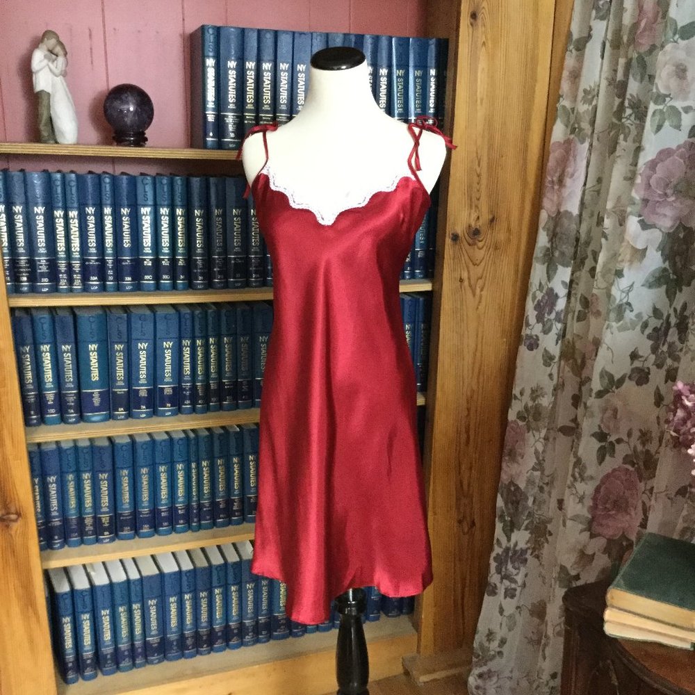 Red with White Lace Trim Charmeuse Chemise Nightie - Picture 3 of 7